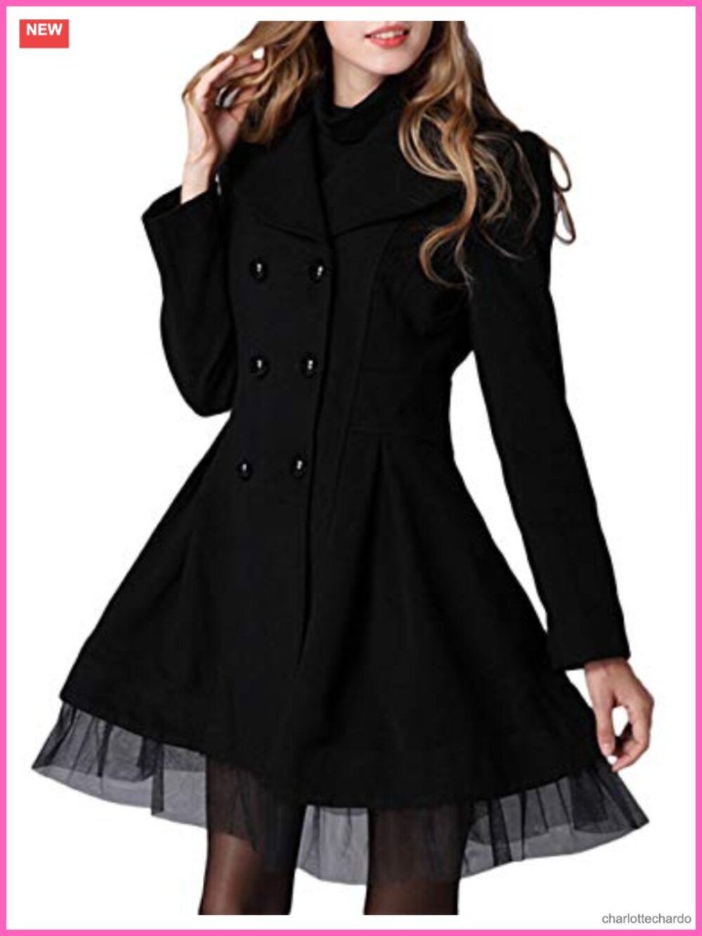 Women's Wool Blend Pea Coat Double Breasted Mesh Hem Skirted Winter Overcoat